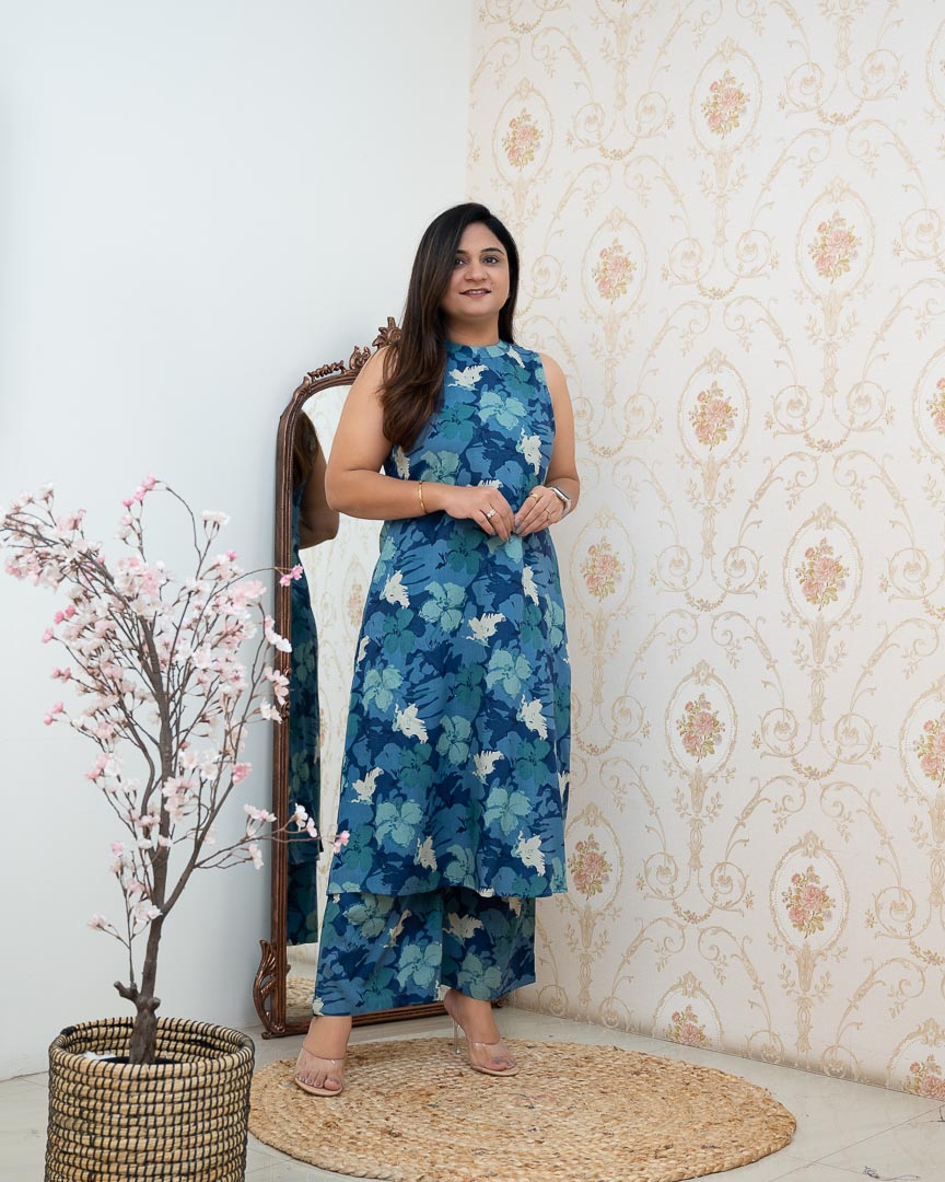 Blue Floral Rayon Printed Casual A-line Coord Set - The Jaipur Studio
