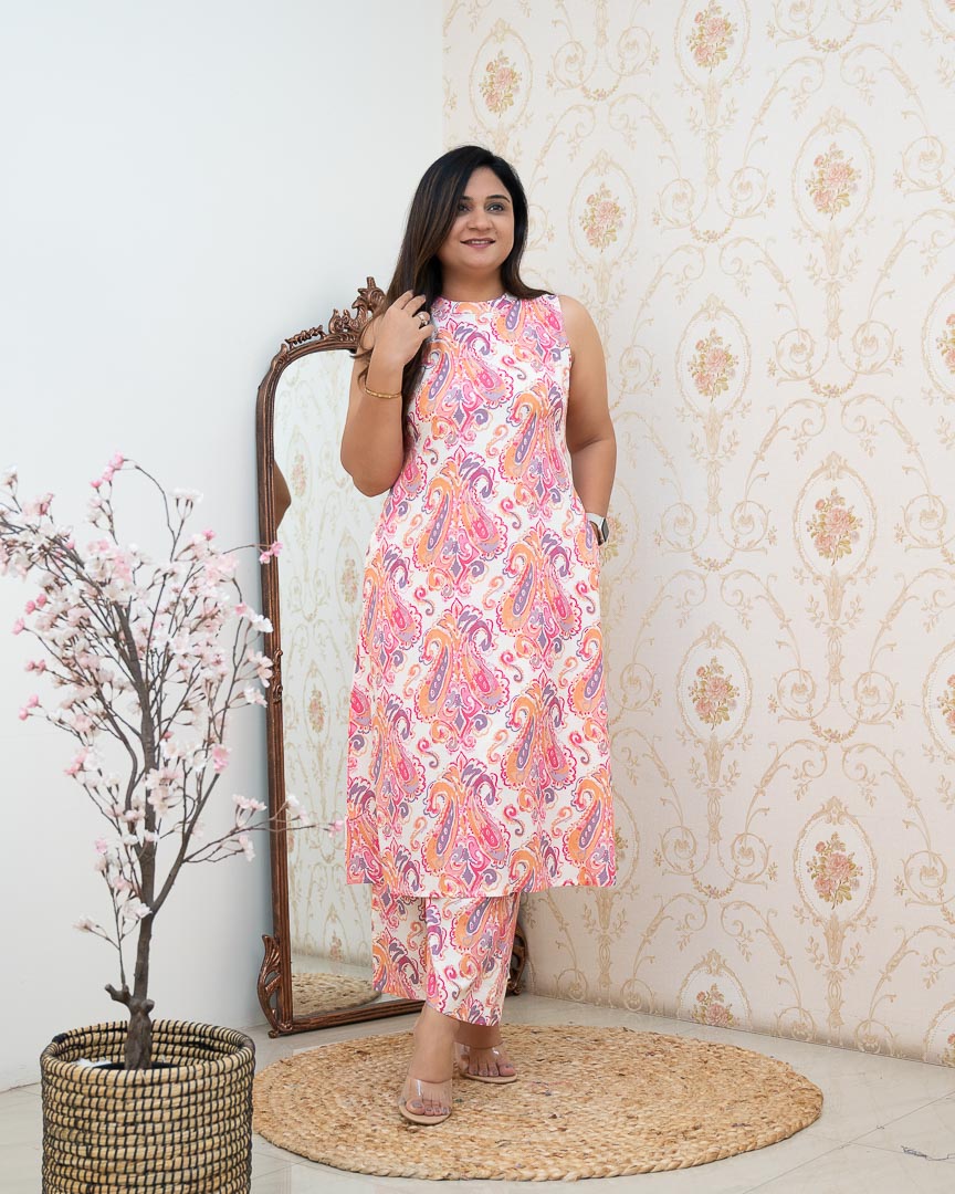 White Multi Rayon Printed Casual A-line Coord Set - The Jaipur Studio