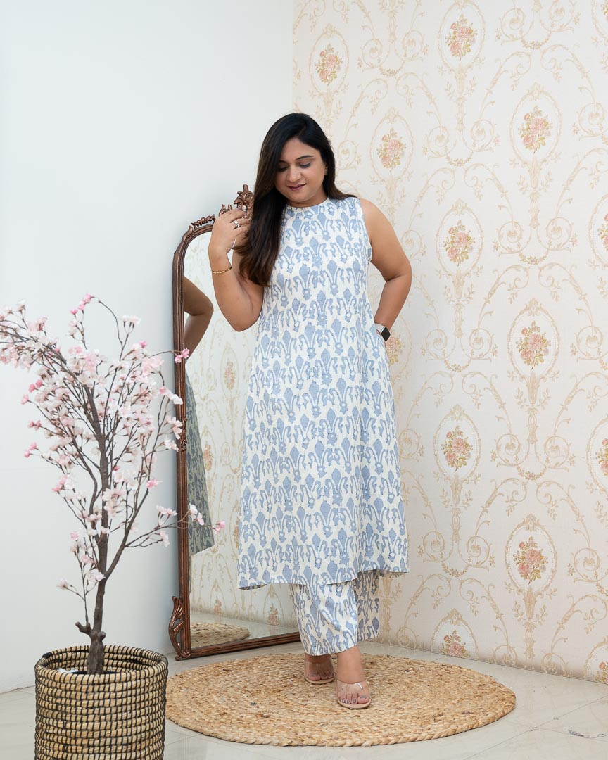 White Rayon Printed Casual A-line Coord Set - The Jaipur Studio