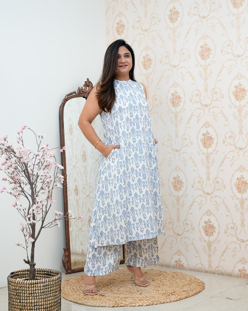 White Rayon Printed Casual A-line Coord Set - The Jaipur Studio