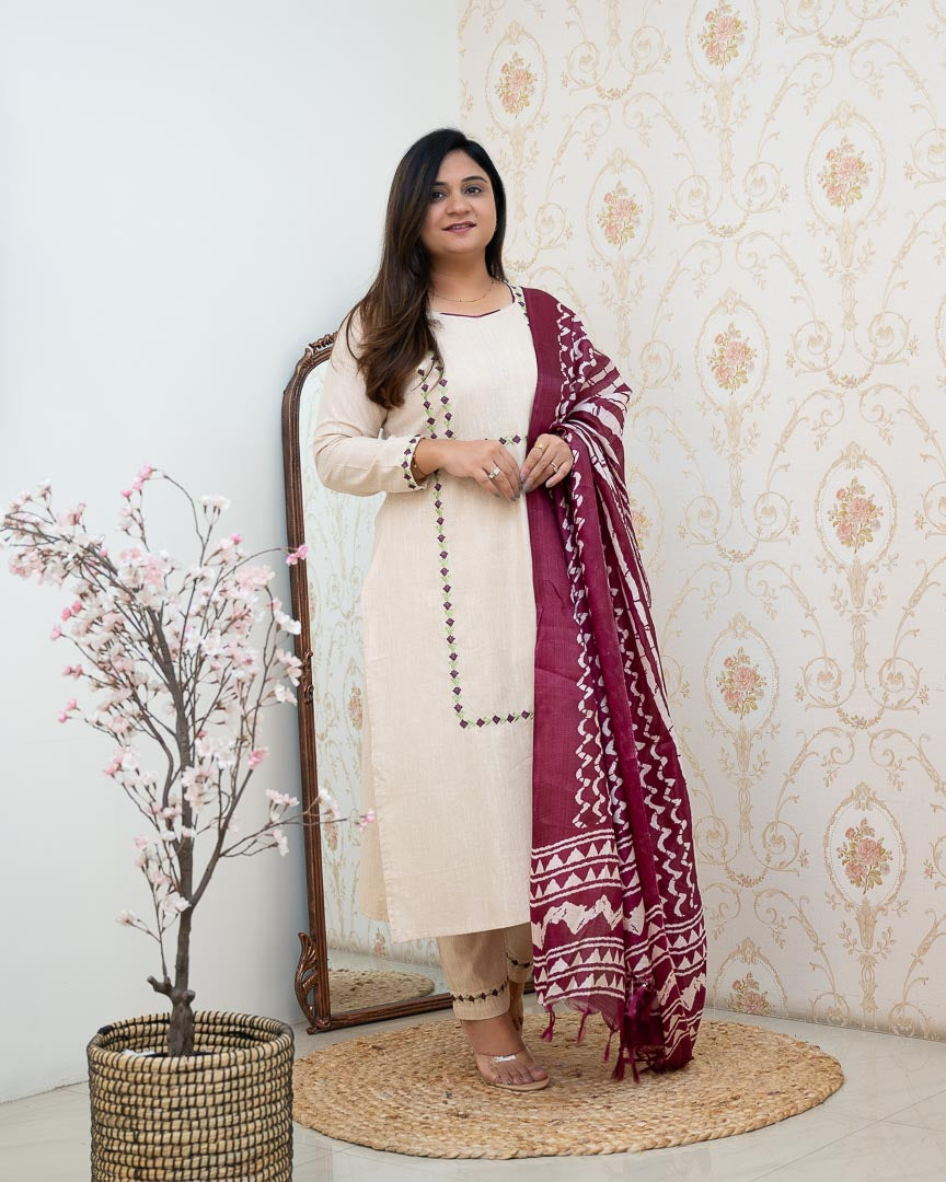 Cream Cotton Embroidered Pant Set - The Jaipur Studio