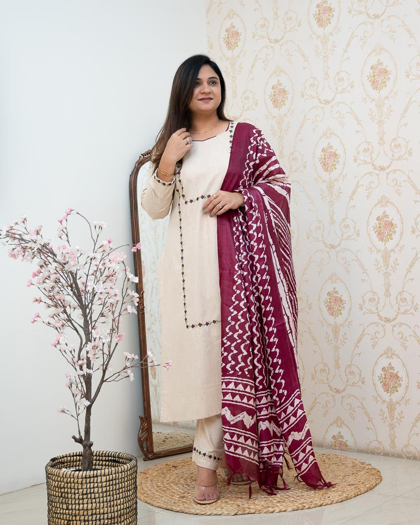 Cream Cotton Embroidered Pant Set - The Jaipur Studio
