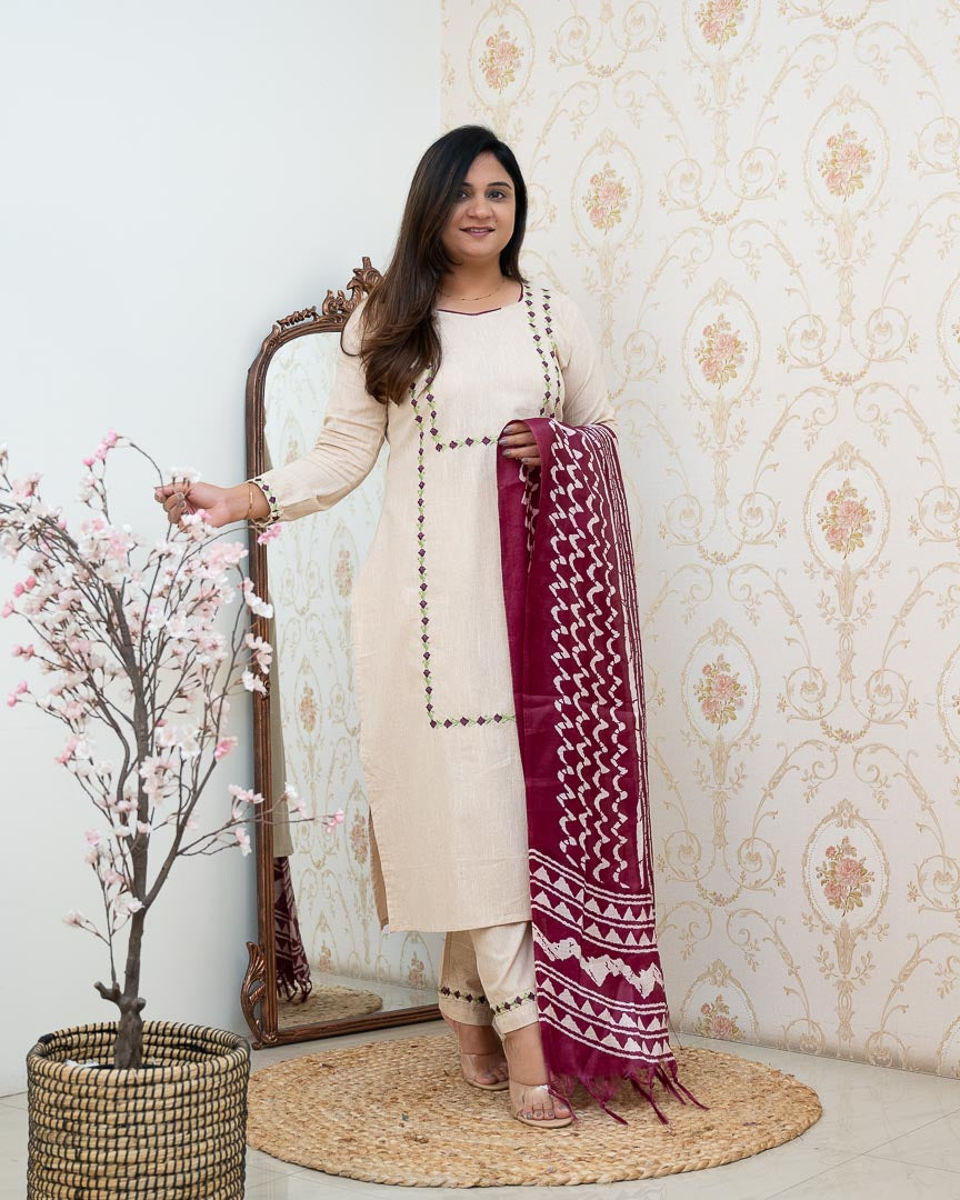 Cream Cotton Embroidered Pant Set - The Jaipur Studio