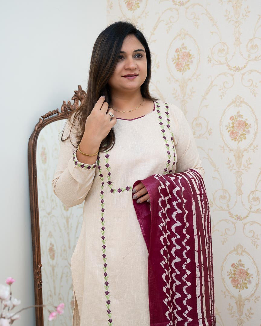 Cream Cotton Embroidered Pant Set - The Jaipur Studio