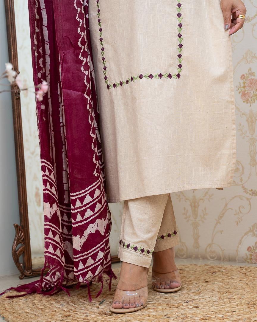 Cream Cotton Embroidered Pant Set - The Jaipur Studio