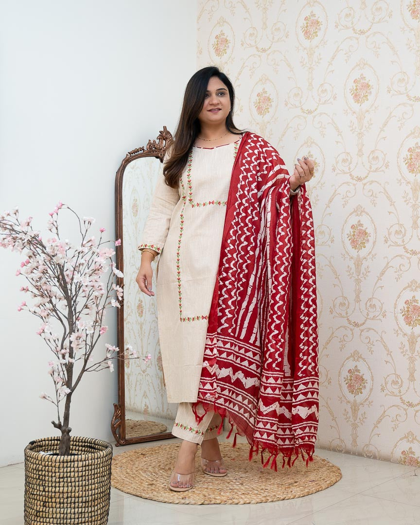 Cream Cotton Embroidered Pant Set - The Jaipur Studio