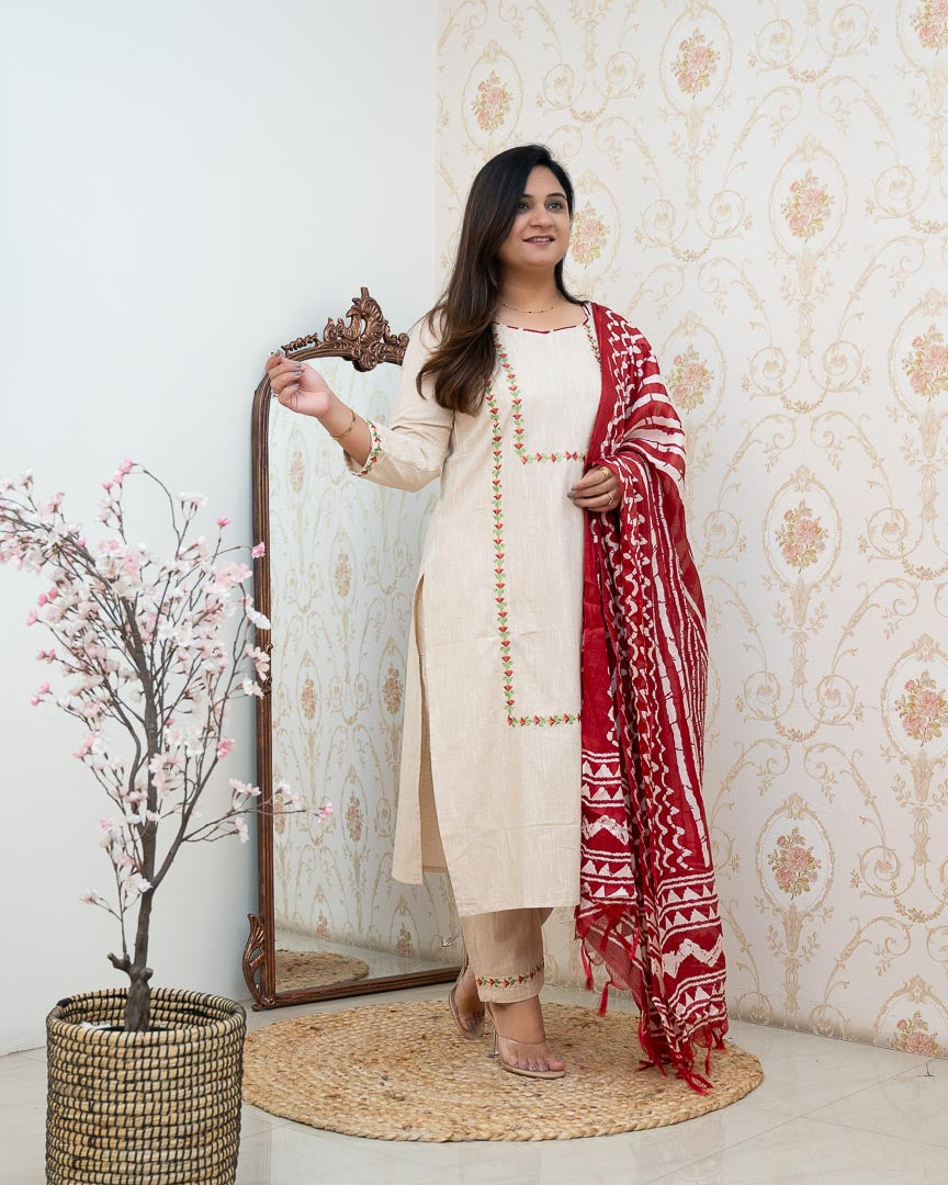 Cream Cotton Embroidered Pant Set - The Jaipur Studio