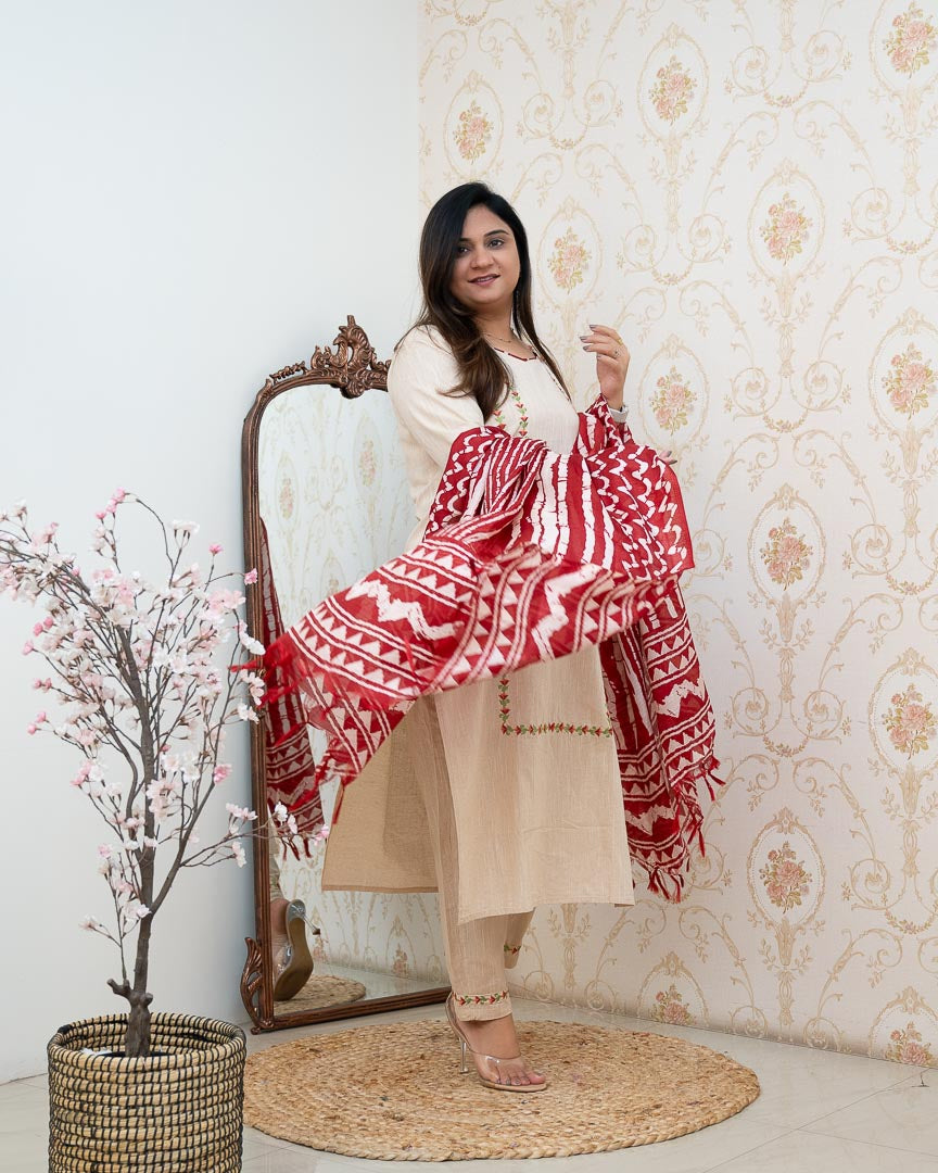 Cream Cotton Embroidered Pant Set - The Jaipur Studio