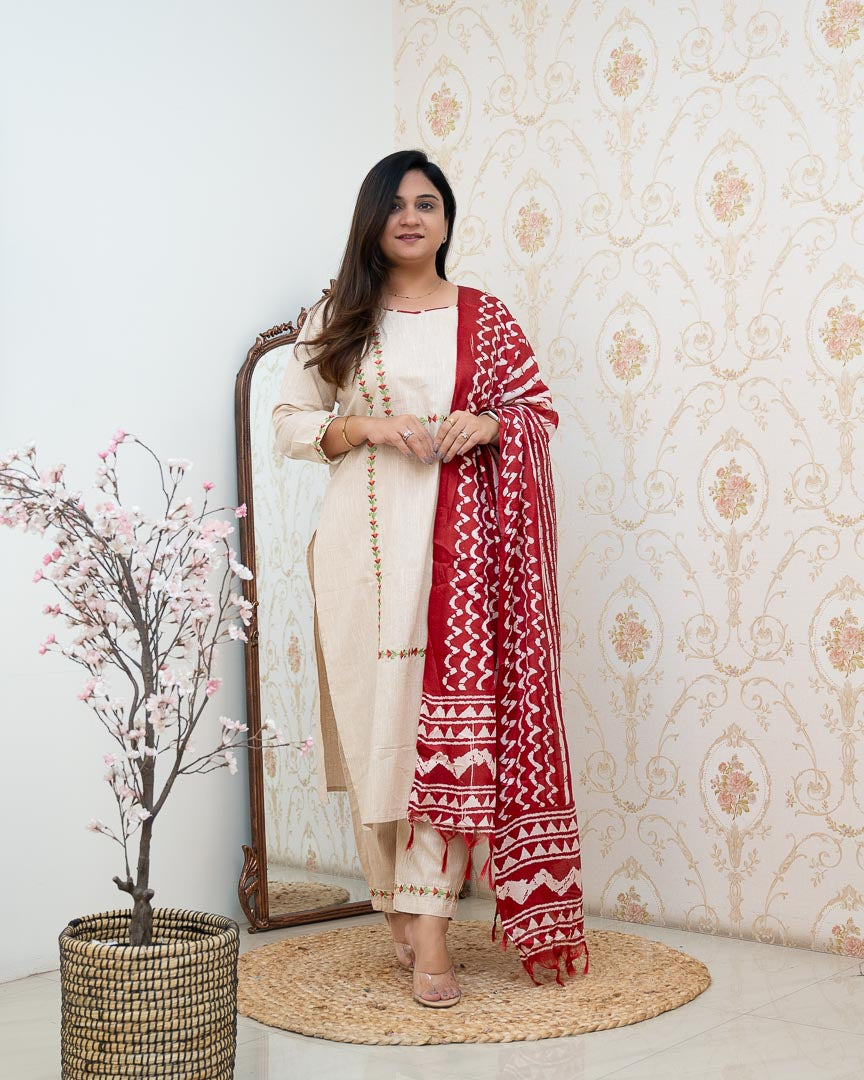 Cream Cotton Embroidered Pant Set - The Jaipur Studio