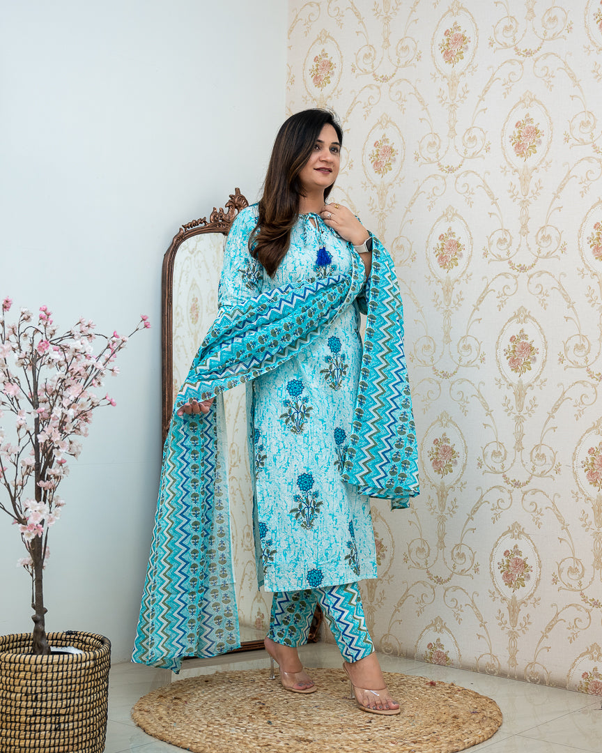 Aadhavi Blue Casual Cotton Pant Set - The Jaipur Studio