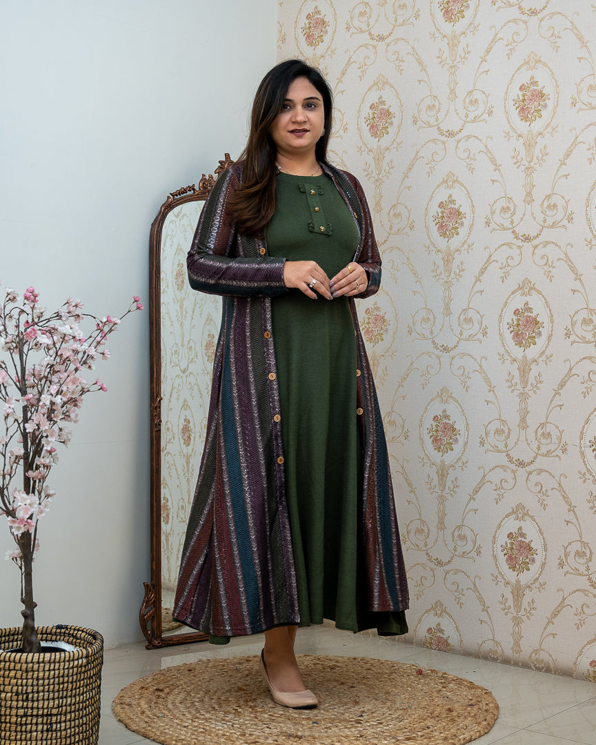 Woollen long Dress with Detachable Long Shrug - The Jaipur Studio