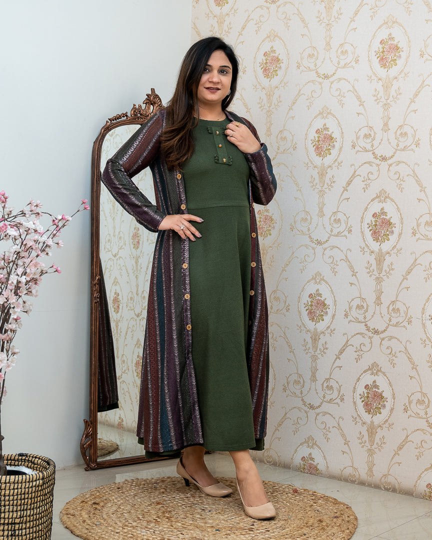 Woollen long Dress with Detachable Long Shrug - The Jaipur Studio