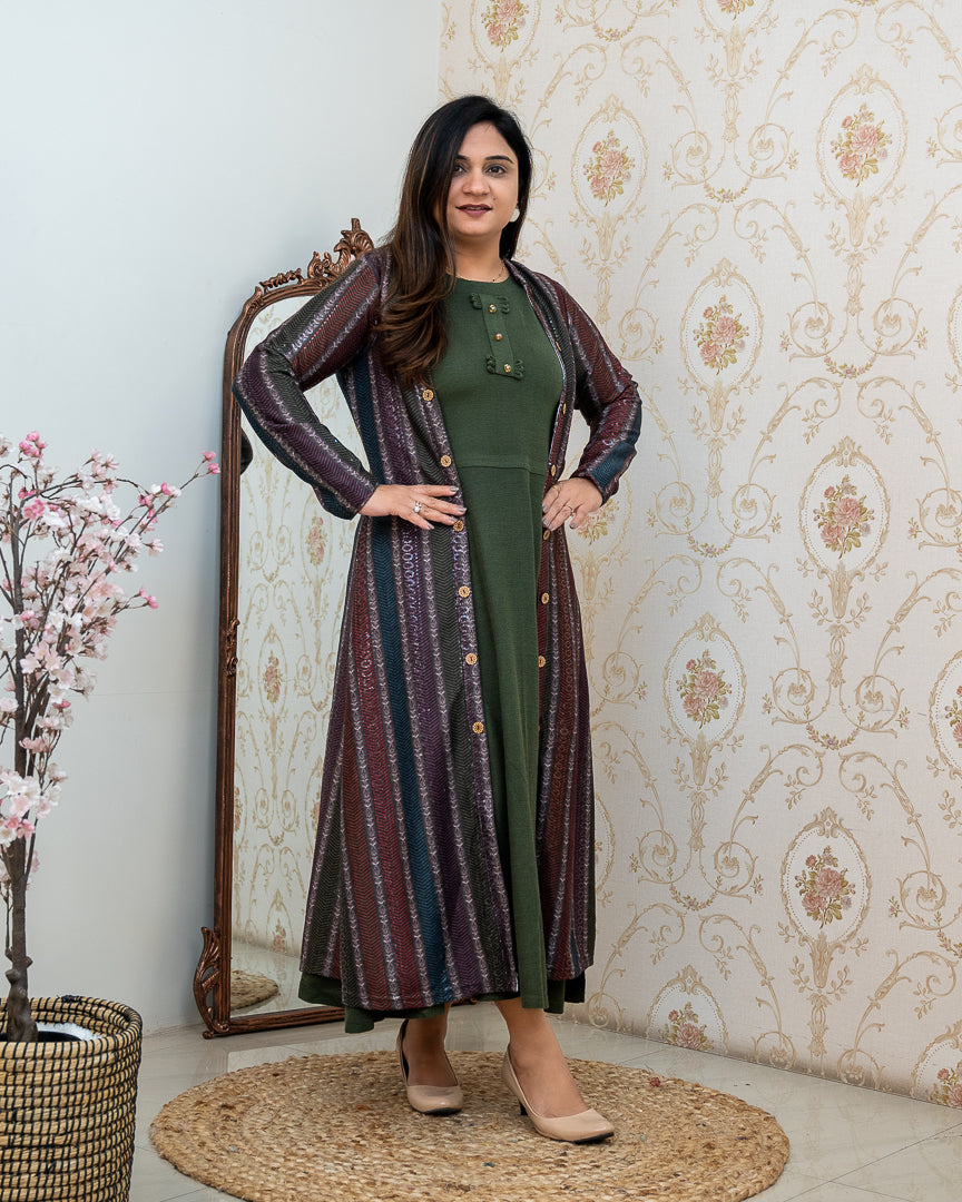 Woollen long Dress with Detachable Long Shrug - The Jaipur Studio