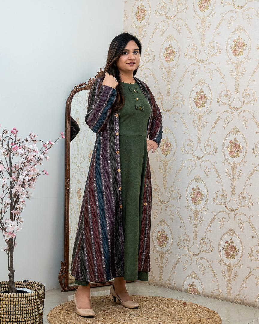 Woollen long Dress with Detachable Long Shrug - The Jaipur Studio