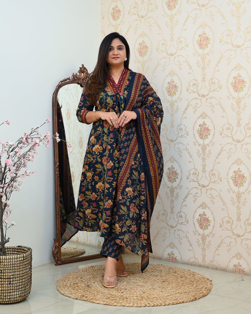 Azah Cotton Floral A-line Pant Set - The Jaipur Studio