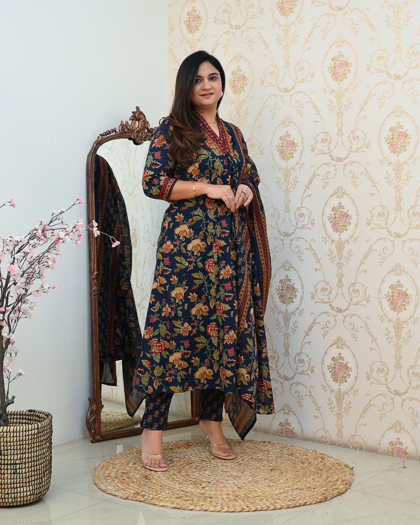 Azah Cotton Floral A-line Pant Set - The Jaipur Studio