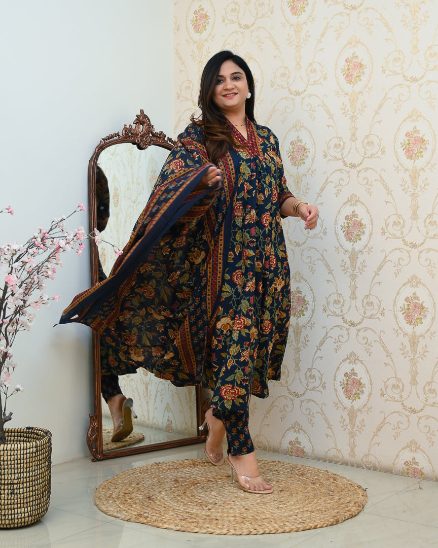Azah Cotton Floral A-line Pant Set - The Jaipur Studio