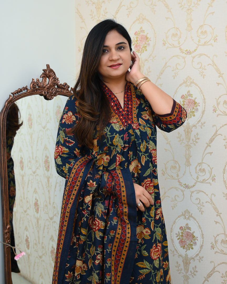 Azah Cotton Floral A-line Pant Set - The Jaipur Studio