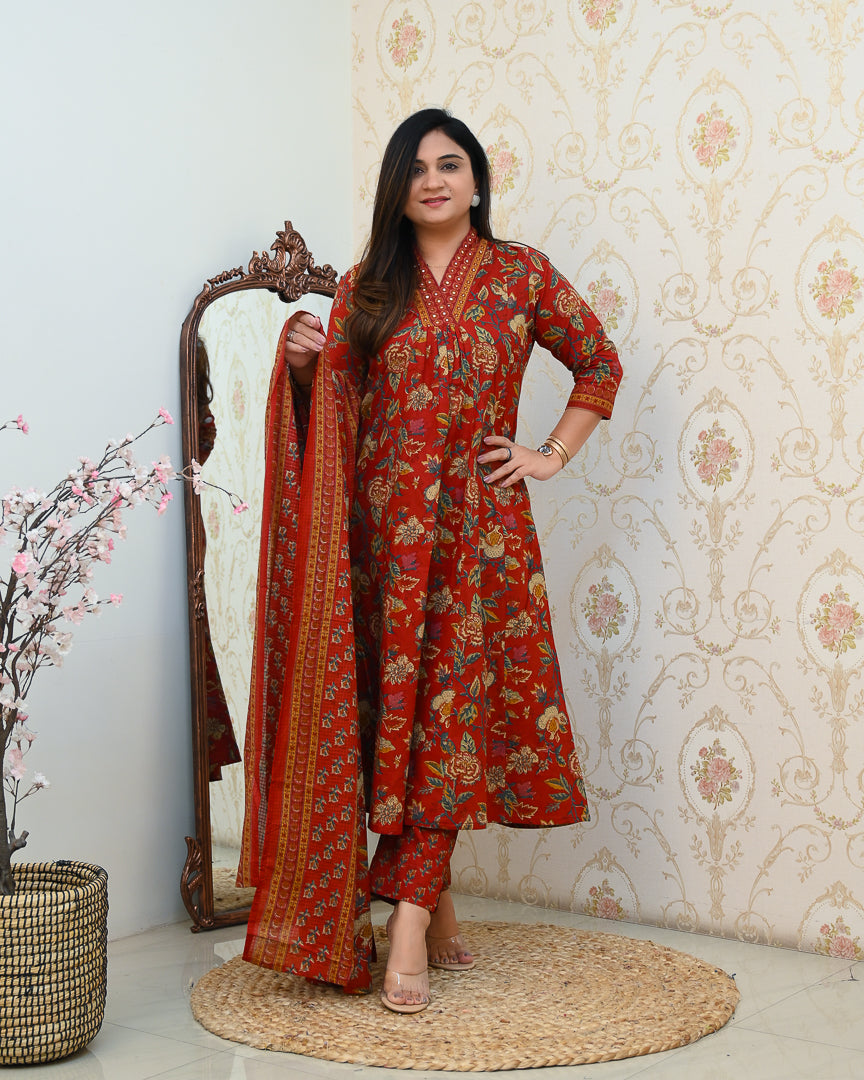 Azah Cotton Floral A-line Pant Set - The Jaipur Studio