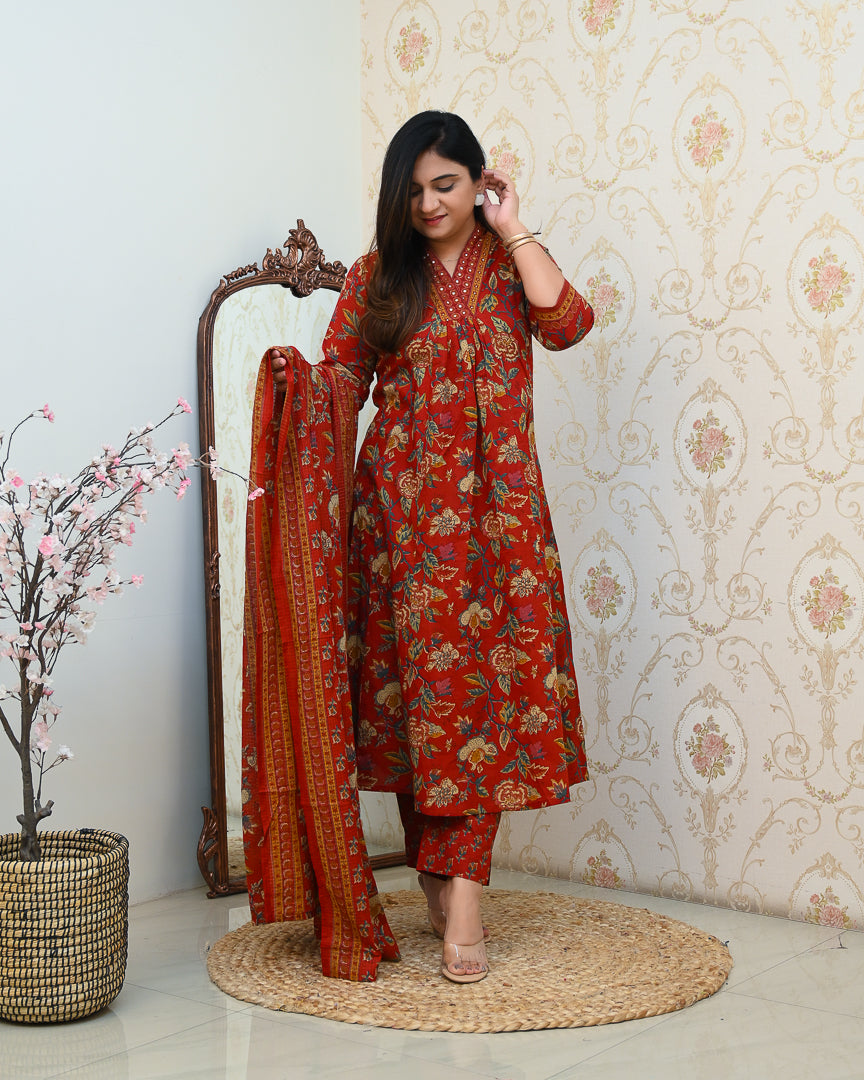 Azah Cotton Floral A-line Pant Set - The Jaipur Studio
