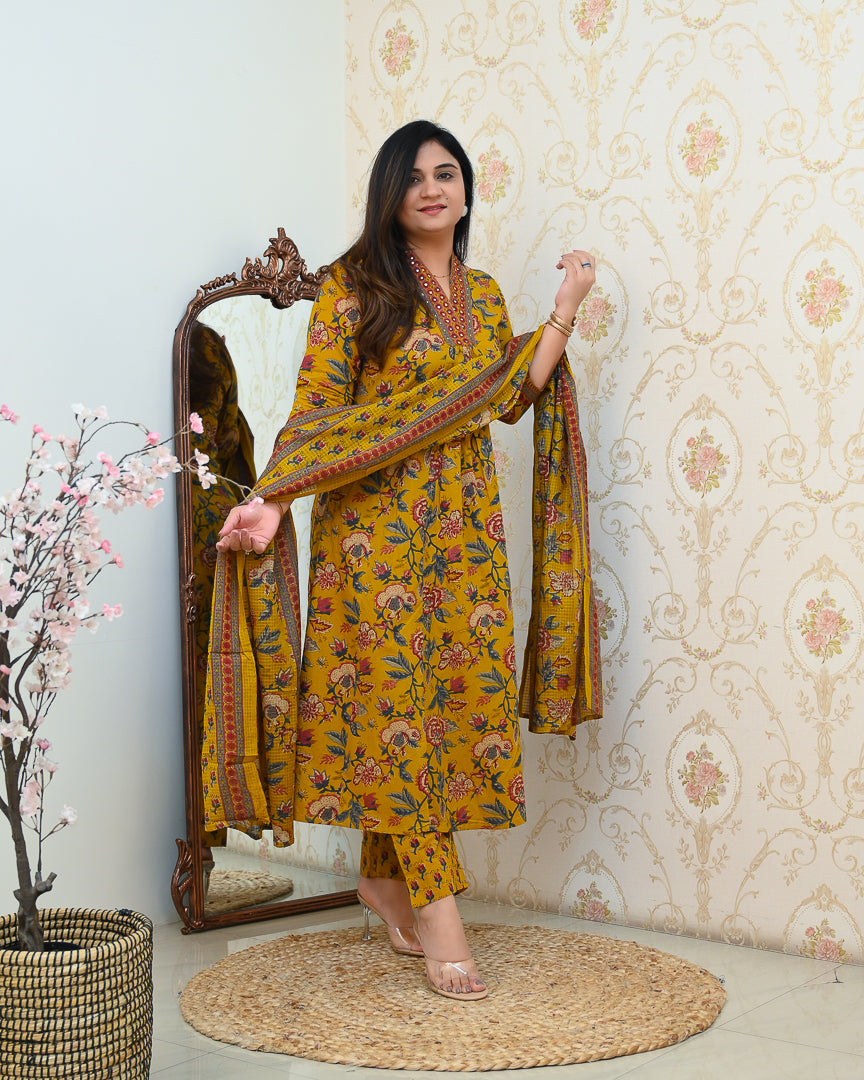 Azah Cotton Floral A-line Pant Set - The Jaipur Studio