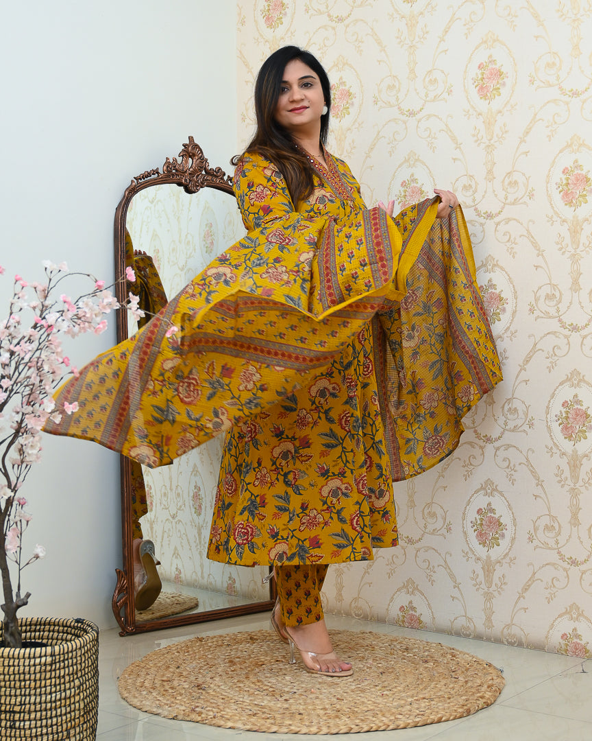 Azah Cotton Floral A-line Pant Set - The Jaipur Studio