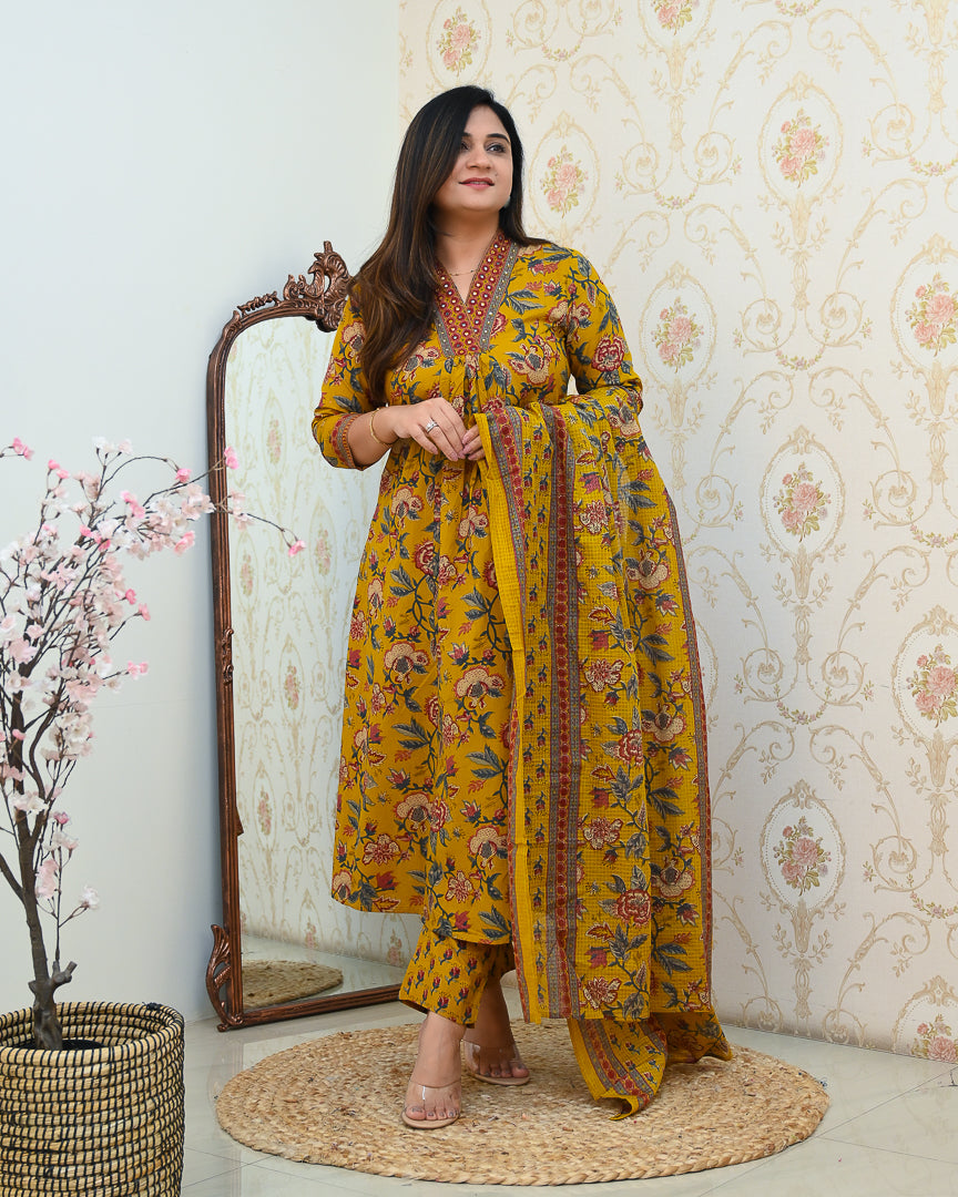 Azah Cotton Floral A-line Pant Set - The Jaipur Studio