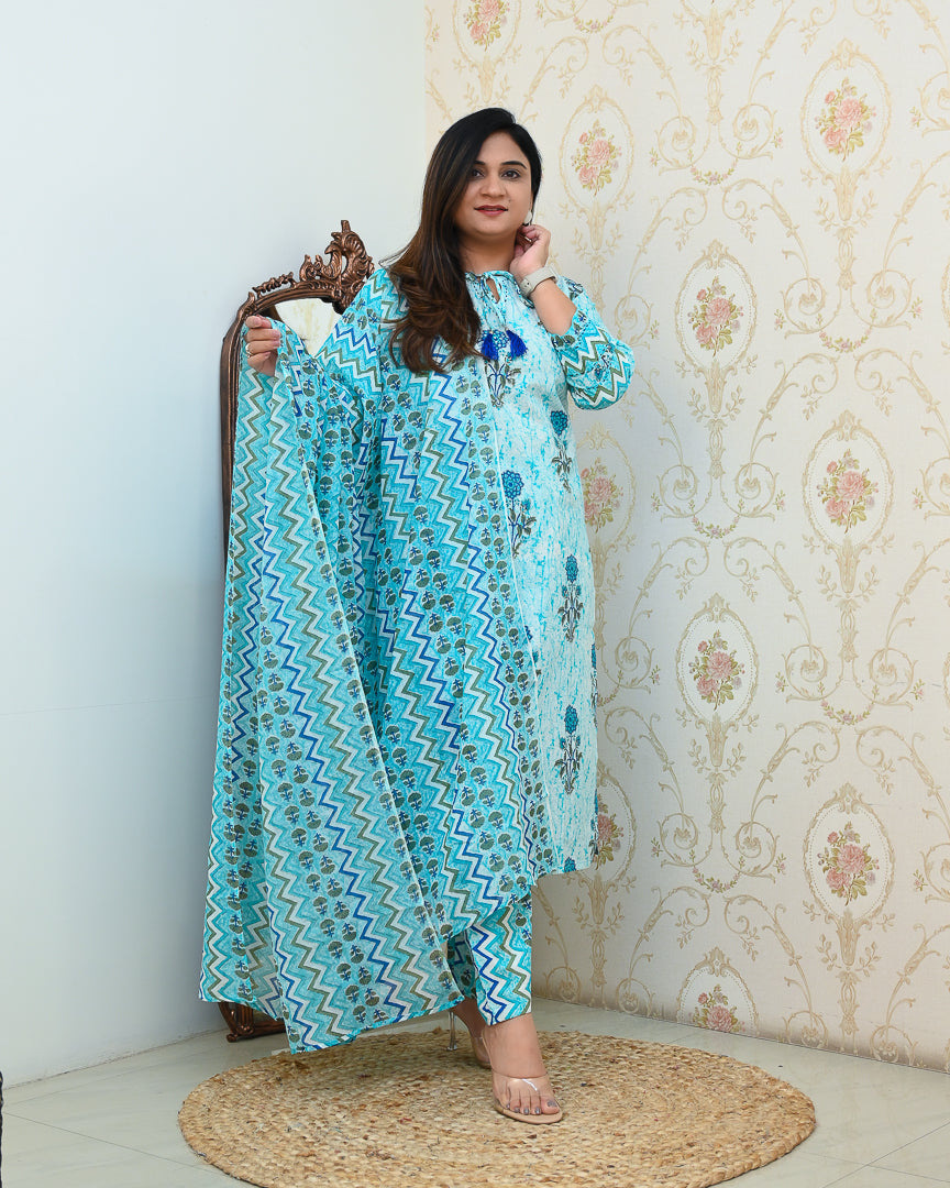 Aadhavi Blue Casual Cotton Pant Set - The Jaipur Studio