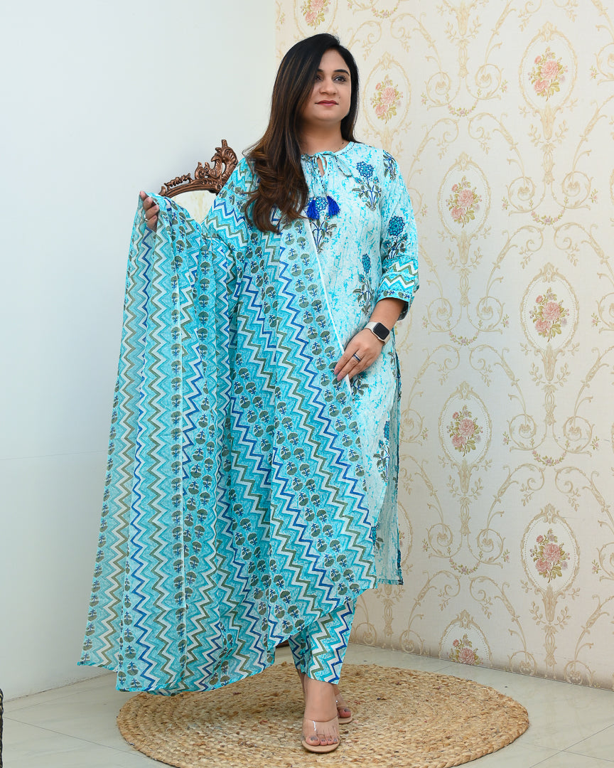 Aadhavi Blue Casual Cotton Pant Set - The Jaipur Studio