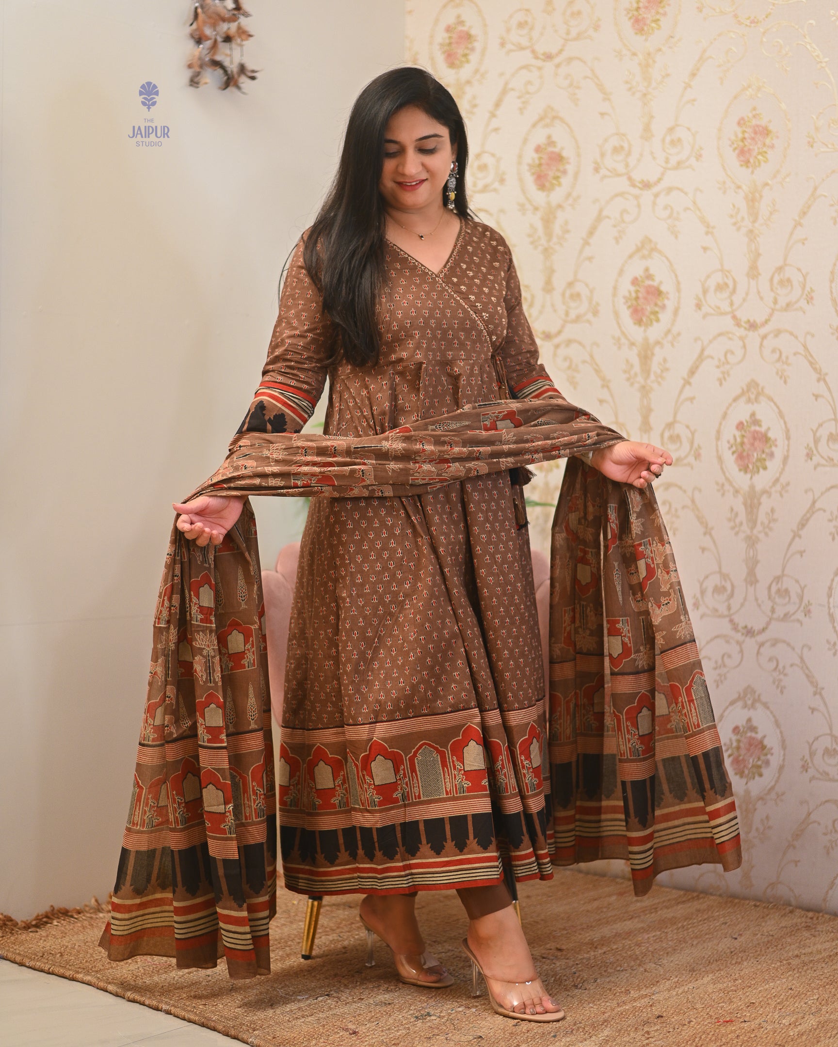 Neerja Cotton Ajrakh Embroidered Anarkali Set - The Jaipur Studio