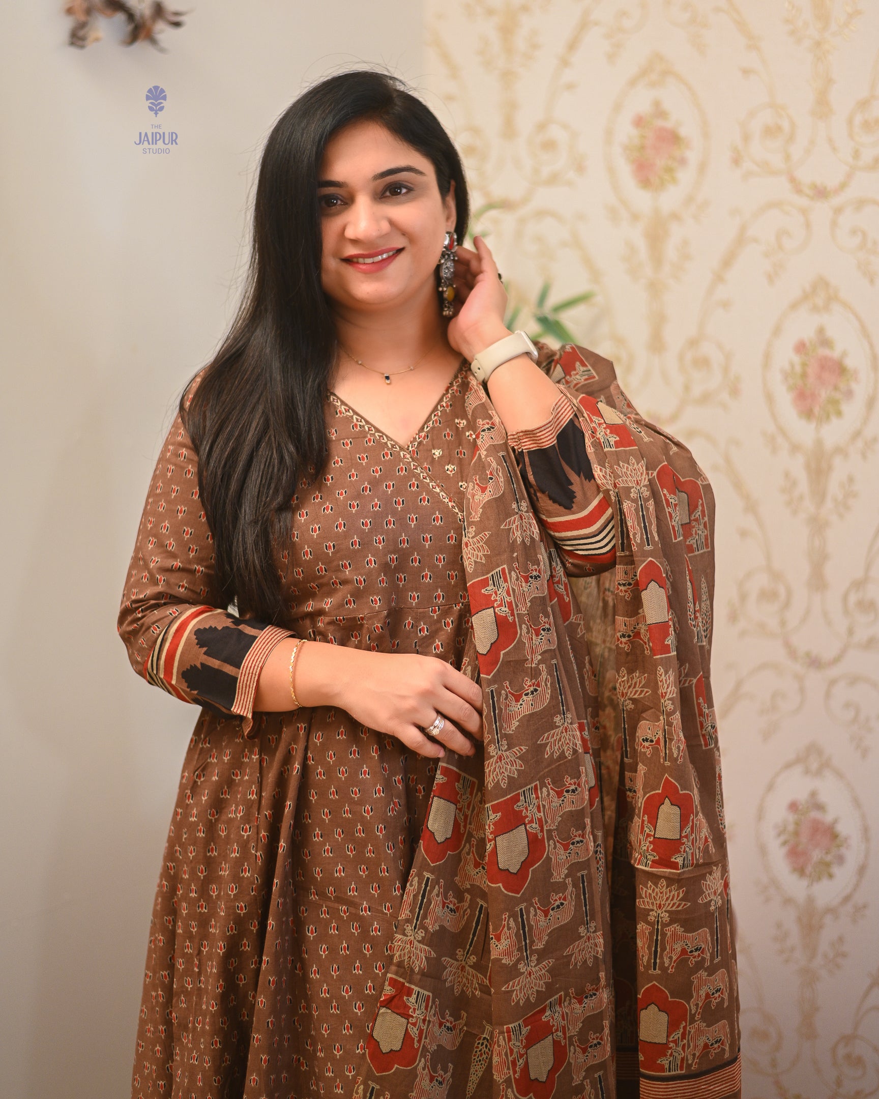 Neerja Cotton Ajrakh Embroidered Anarkali Set - The Jaipur Studio