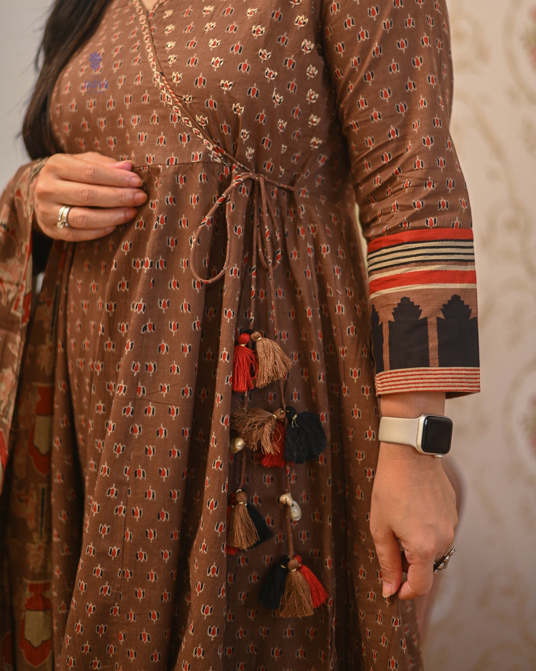 Neerja Cotton Ajrakh Embroidered Anarkali Set - The Jaipur Studio