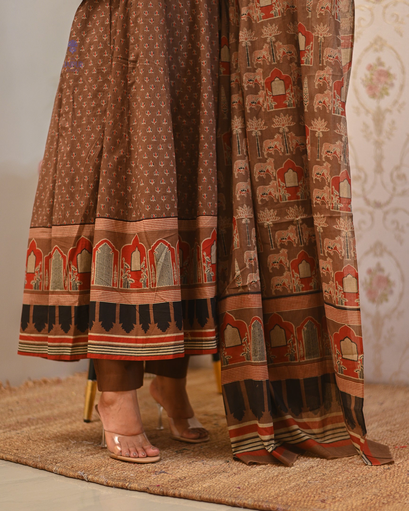 Neerja Cotton Ajrakh Embroidered Anarkali Set - The Jaipur Studio