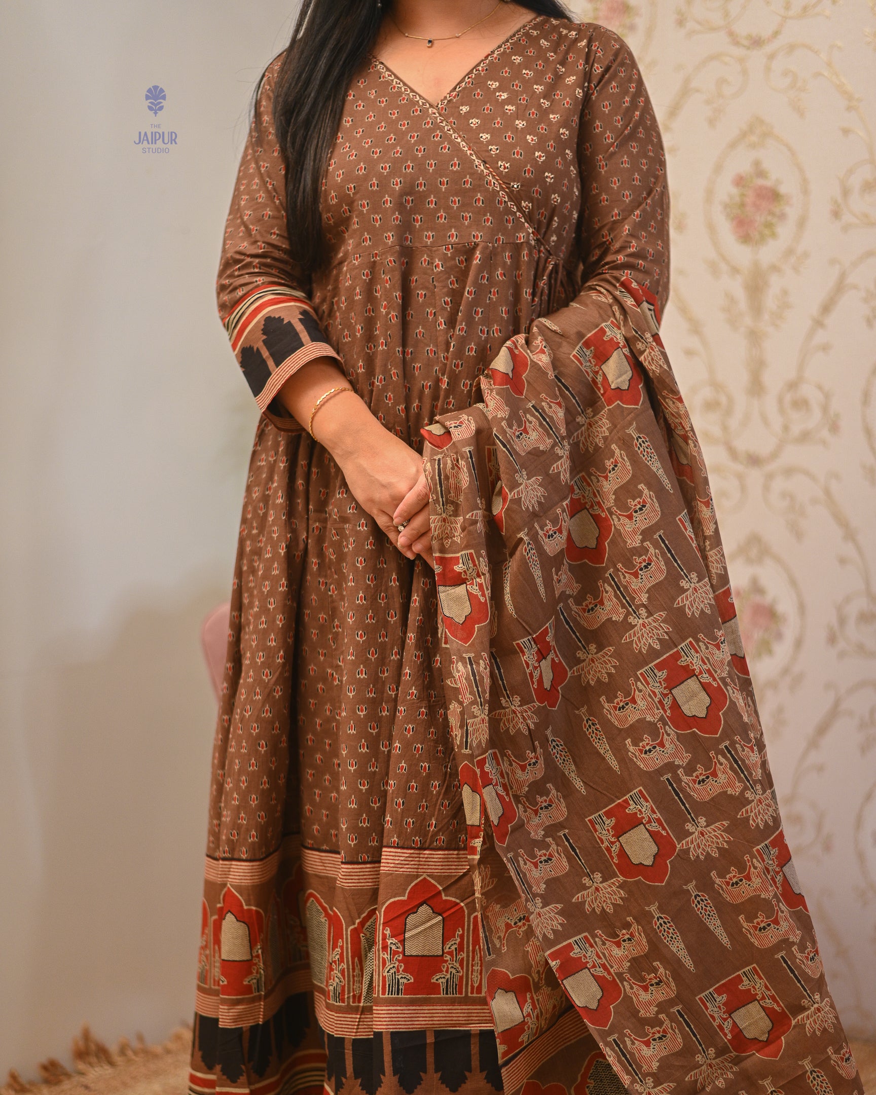 Neerja Cotton Ajrakh Embroidered Anarkali Set - The Jaipur Studio