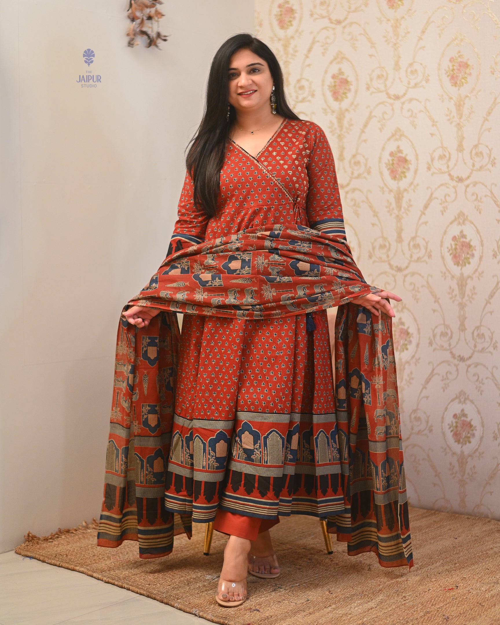 Neerja Cotton Ajrakh Embroidered Anarkali Set - The Jaipur Studio