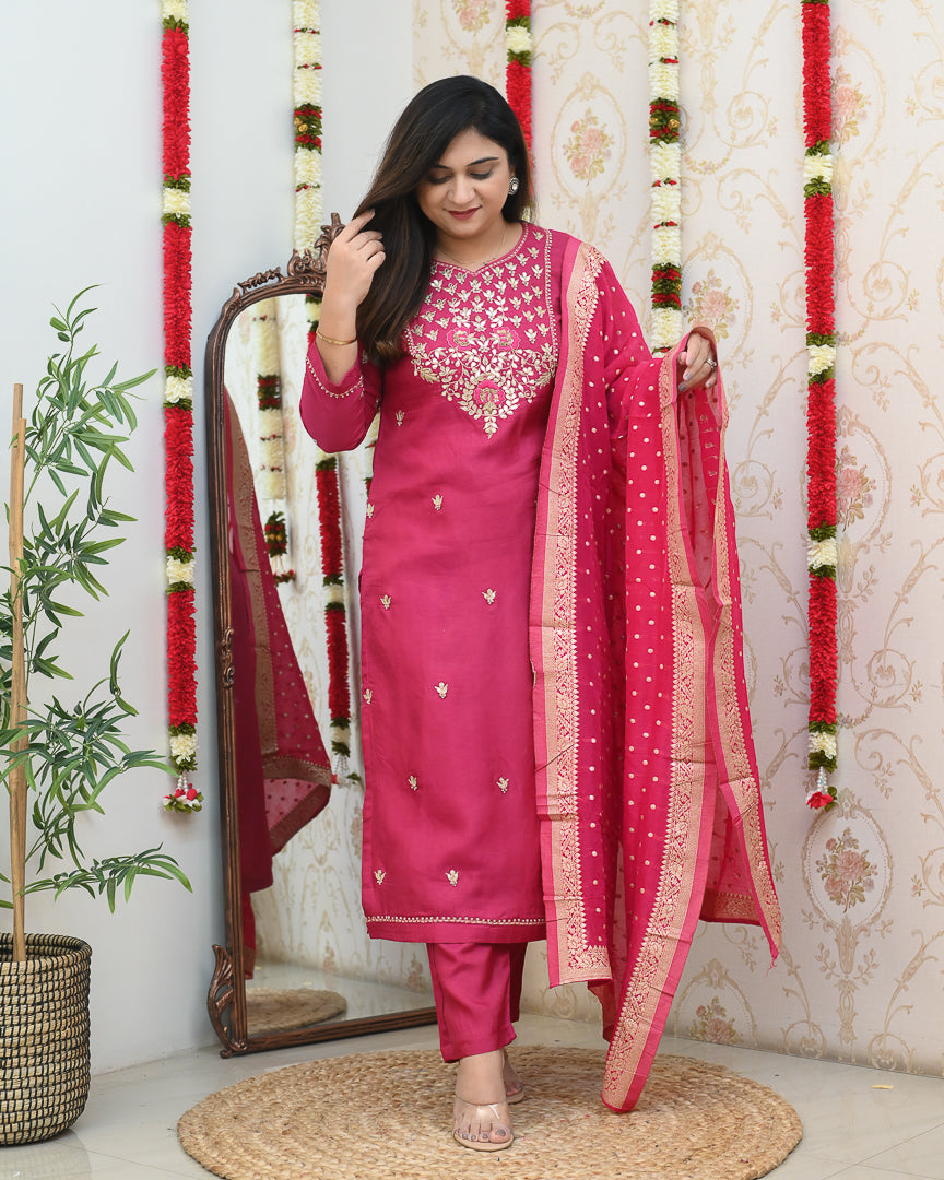 'Zari Noor' Premium Chanderi Embroidered Pant Set - The Jaipur Studio