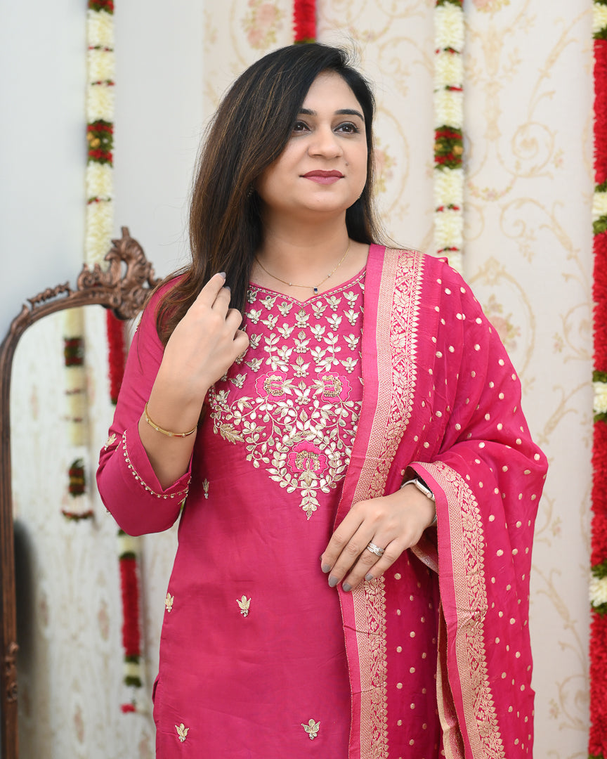 'Zari Noor' Premium Chanderi Embroidered Pant Set - The Jaipur Studio