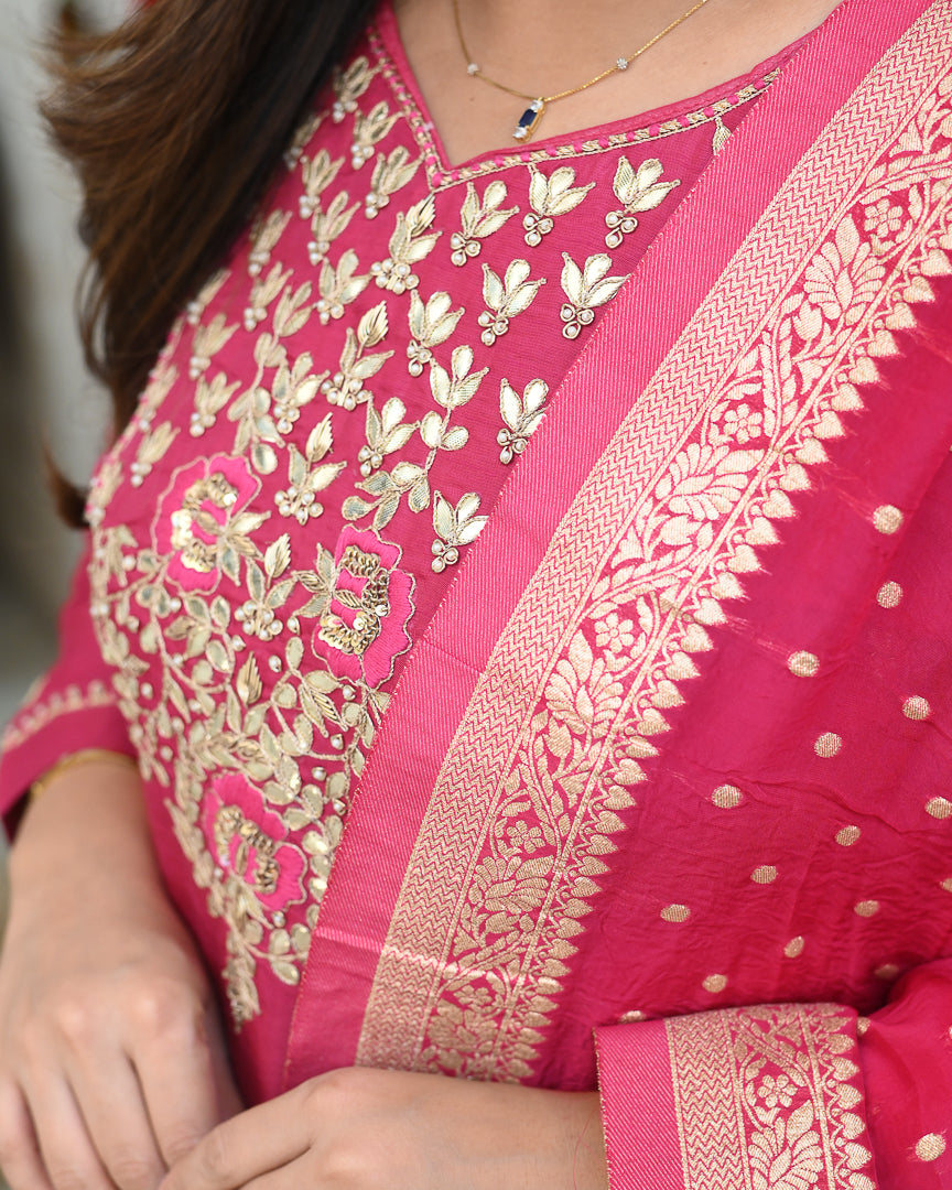 'Zari Noor' Premium Chanderi Embroidered Pant Set - The Jaipur Studio