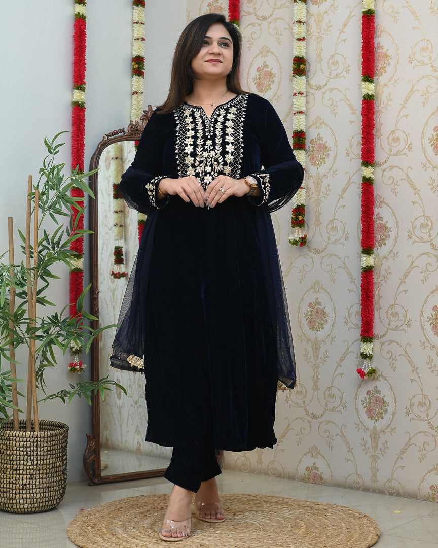 'Saba’  Velvet Hand Embroidered Pant Set - The Jaipur Studio