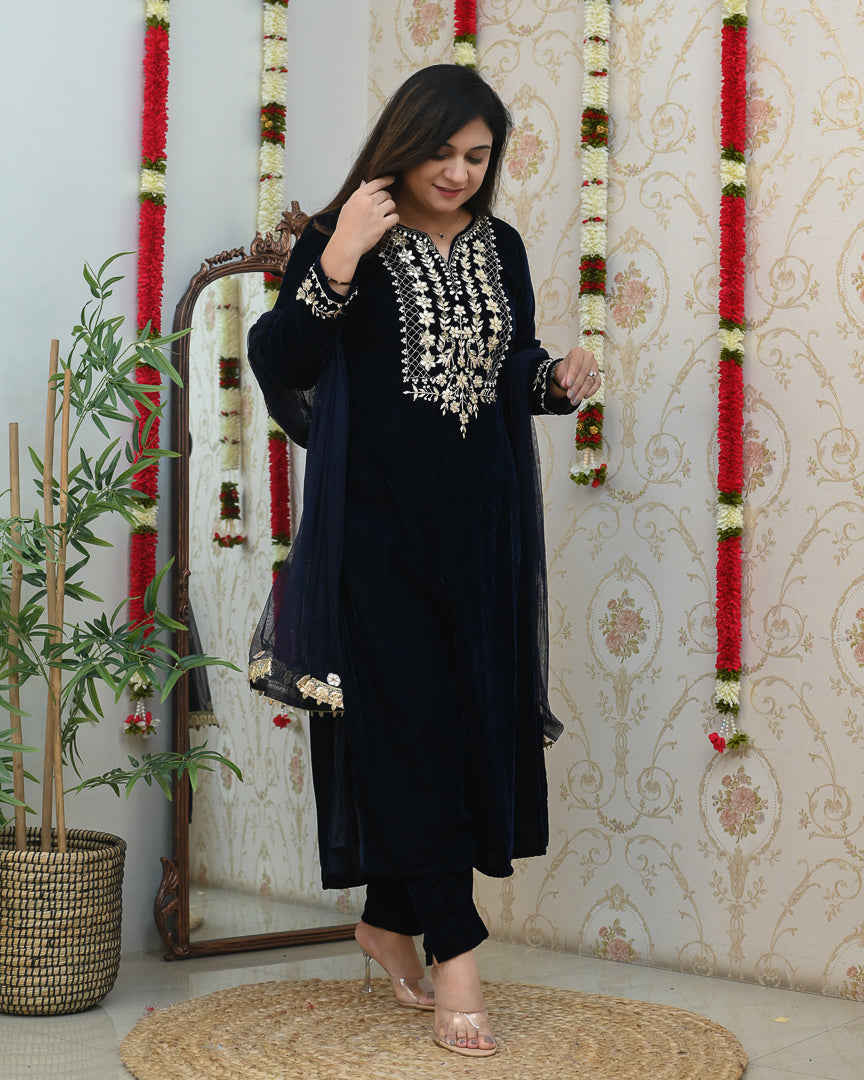 'Saba’  Velvet Hand Embroidered Pant Set - The Jaipur Studio