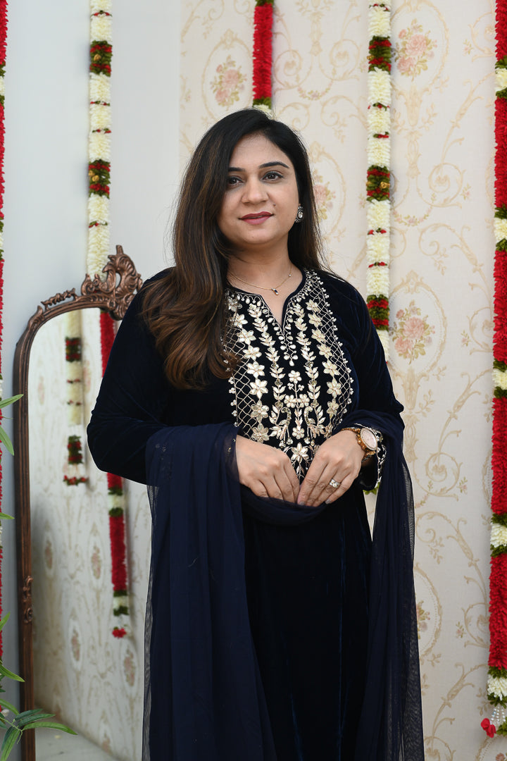 'Saba’  Velvet Hand Embroidered Pant Set - The Jaipur Studio