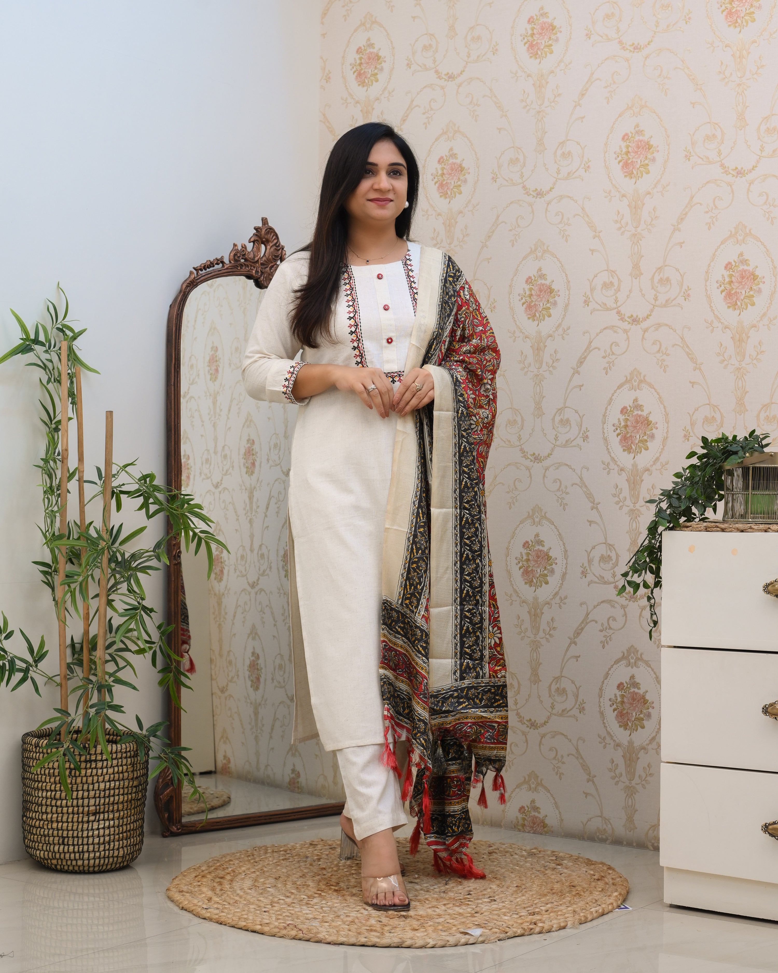 Cotton Embroidered Kalamkari Dupatta Suit - The Jaipur Studio