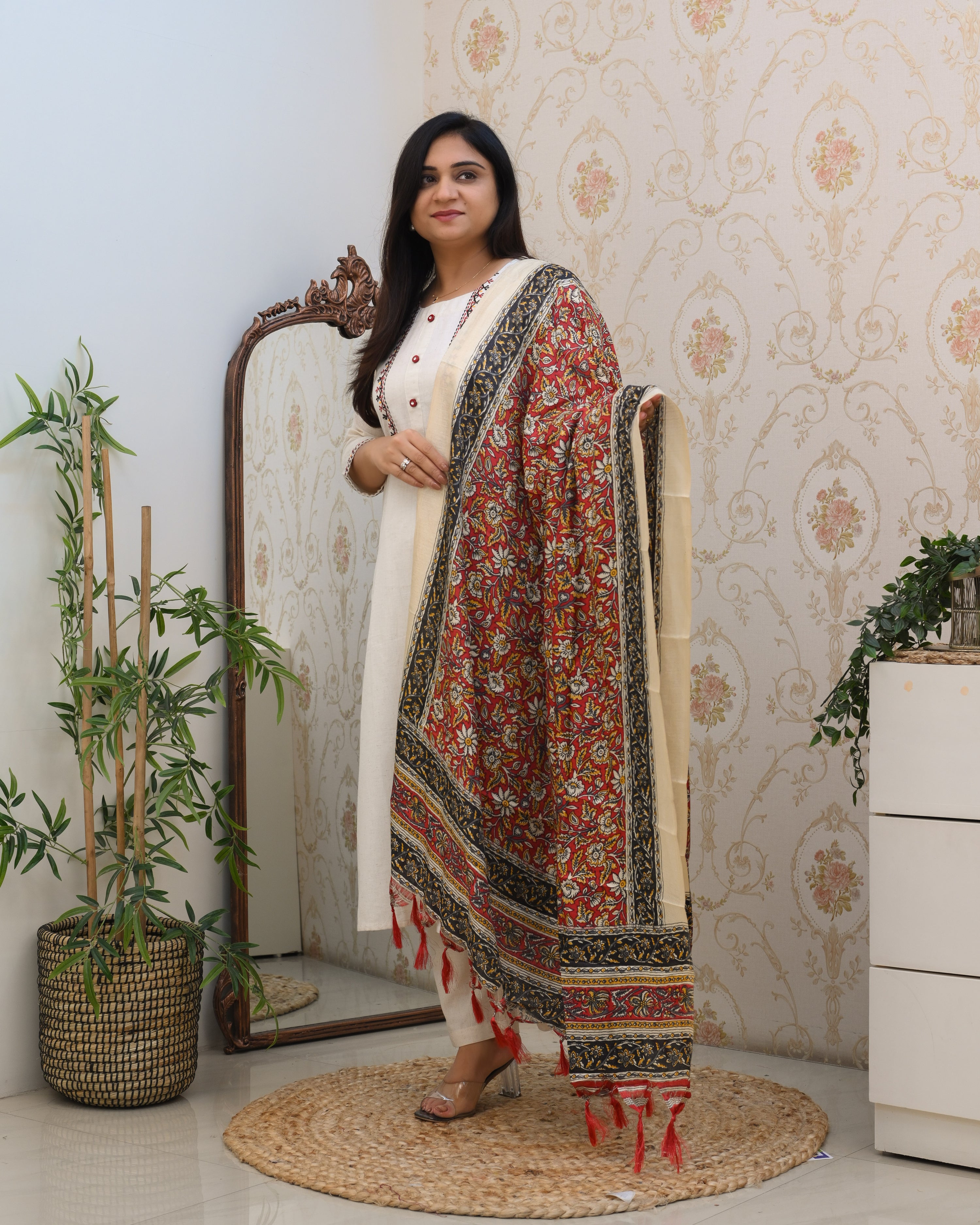 Cotton Embroidered Kalamkari Dupatta Suit - The Jaipur Studio