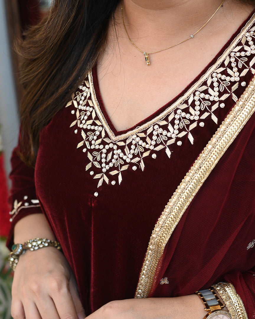 'Amisha' Velvet Hand Embroidered Pant Set - The Jaipur Studio