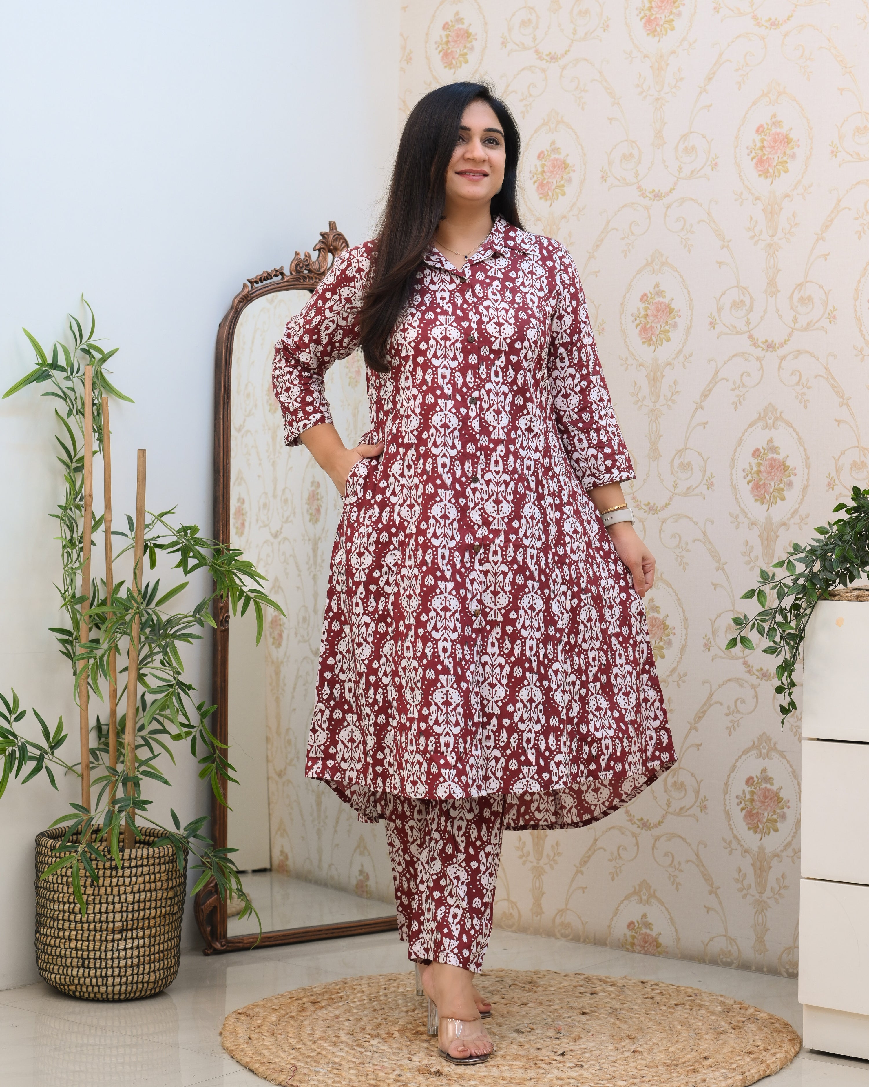 Mauve Abstract Print A-line Cotton Coord Set - The Jaipur Studio