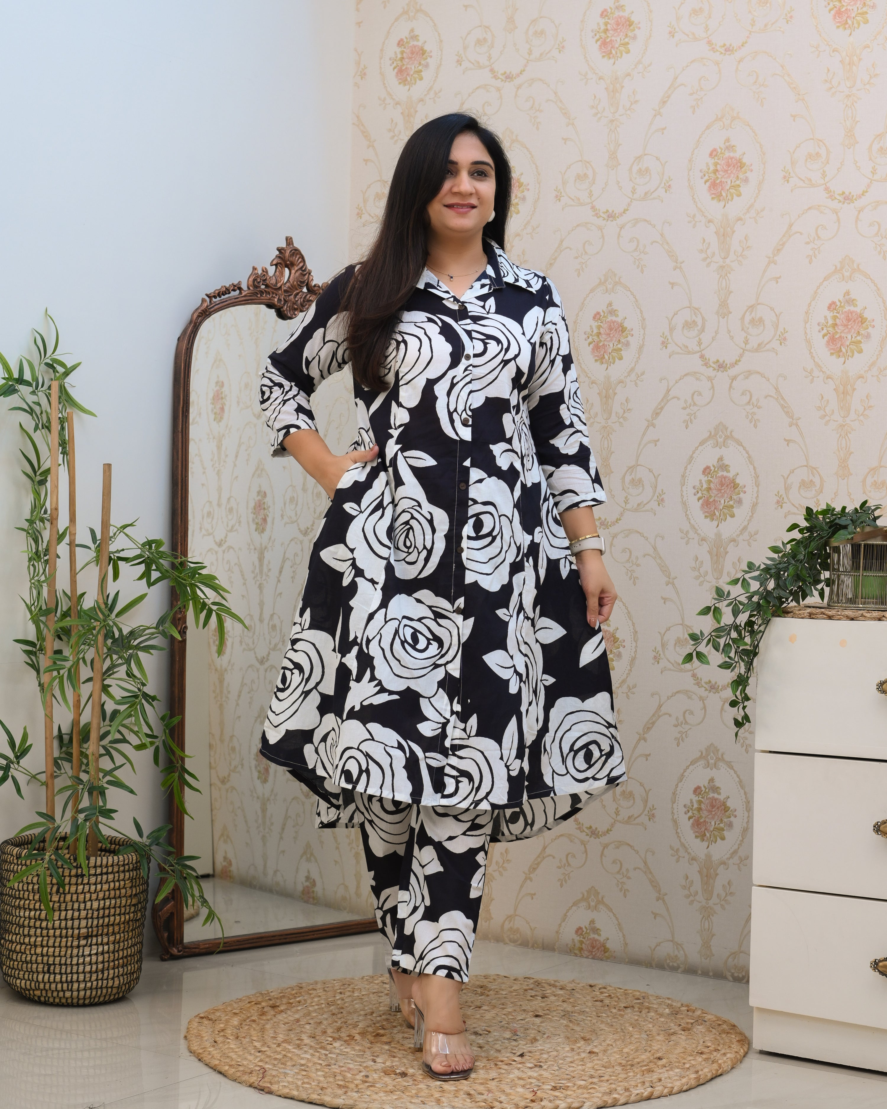 Black Floral A-line Cotton Coord Set - The Jaipur Studio