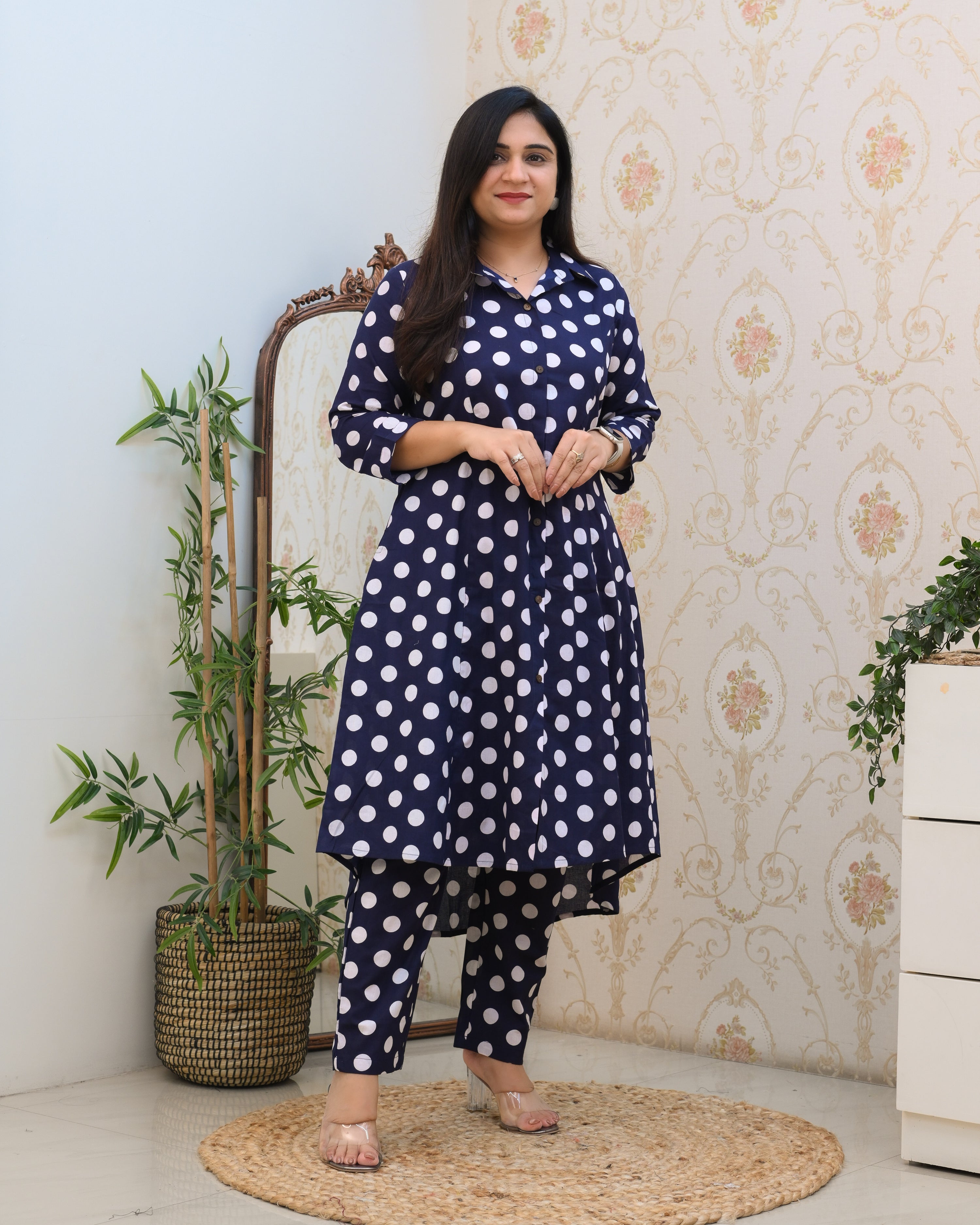Blue And White Polka A-line Cotton Coord Set - The Jaipur Studio
