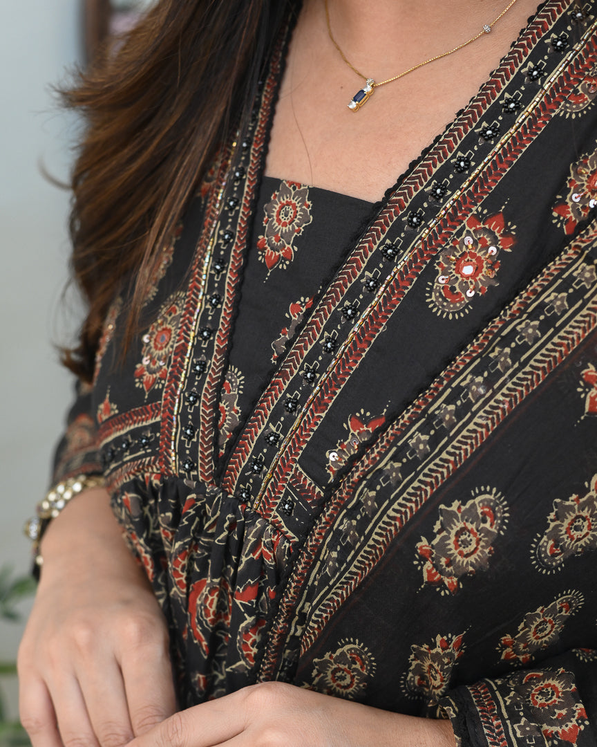 Cotton Ajrakh Embroidered Alia Pant Set - The Jaipur Studio