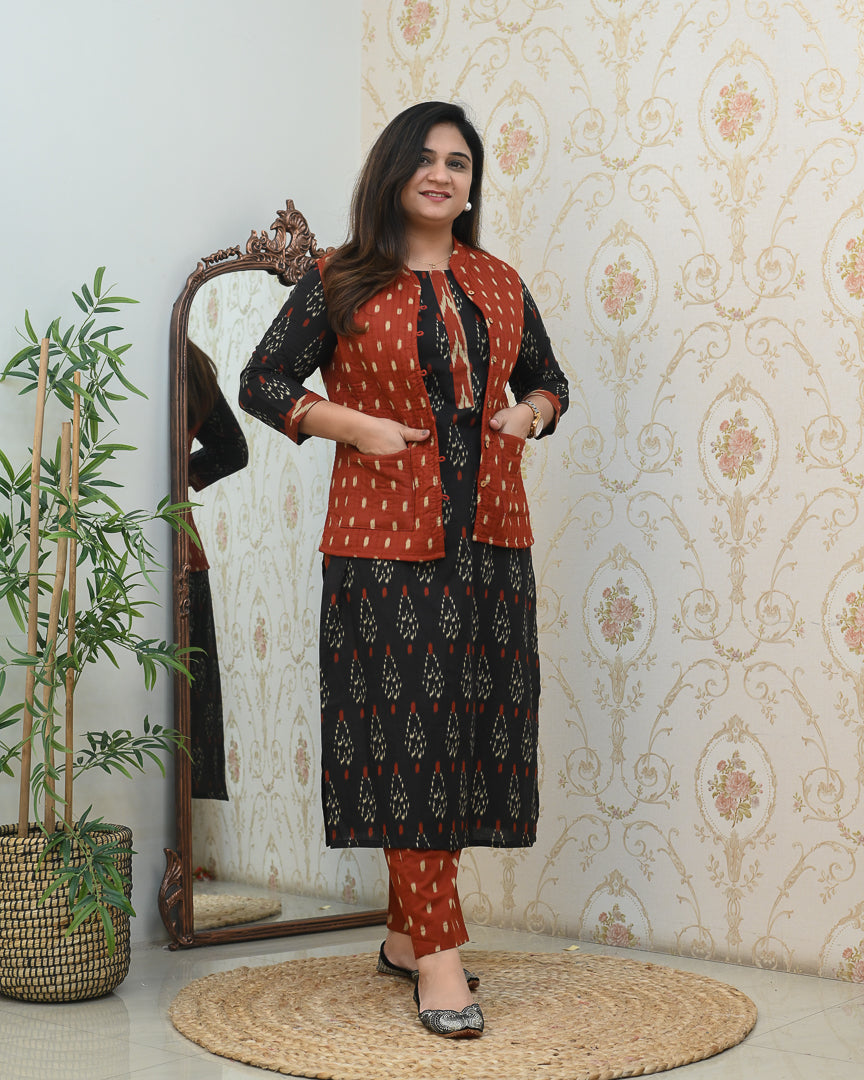 Cotton Ikkat Pant Set with Quilted Jacket - The Jaipur Studio