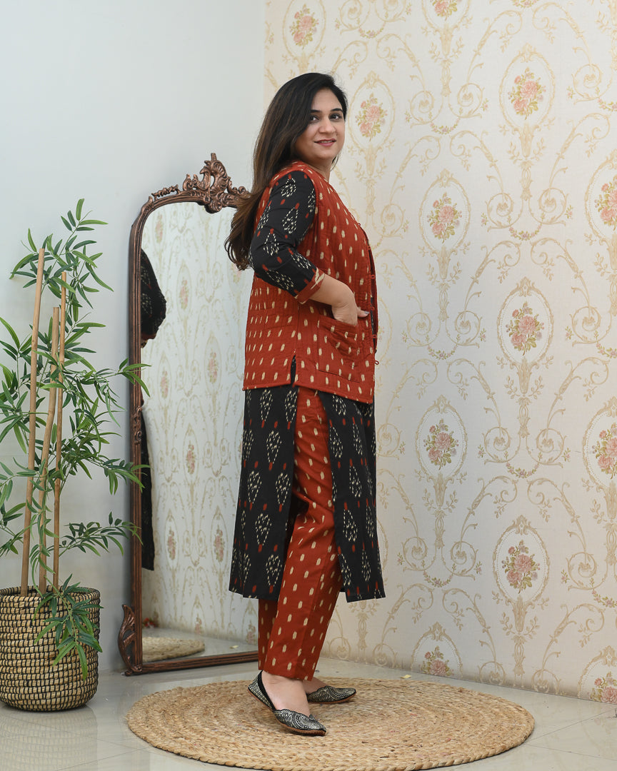Cotton Ikkat Pant Set with Quilted Jacket - The Jaipur Studio
